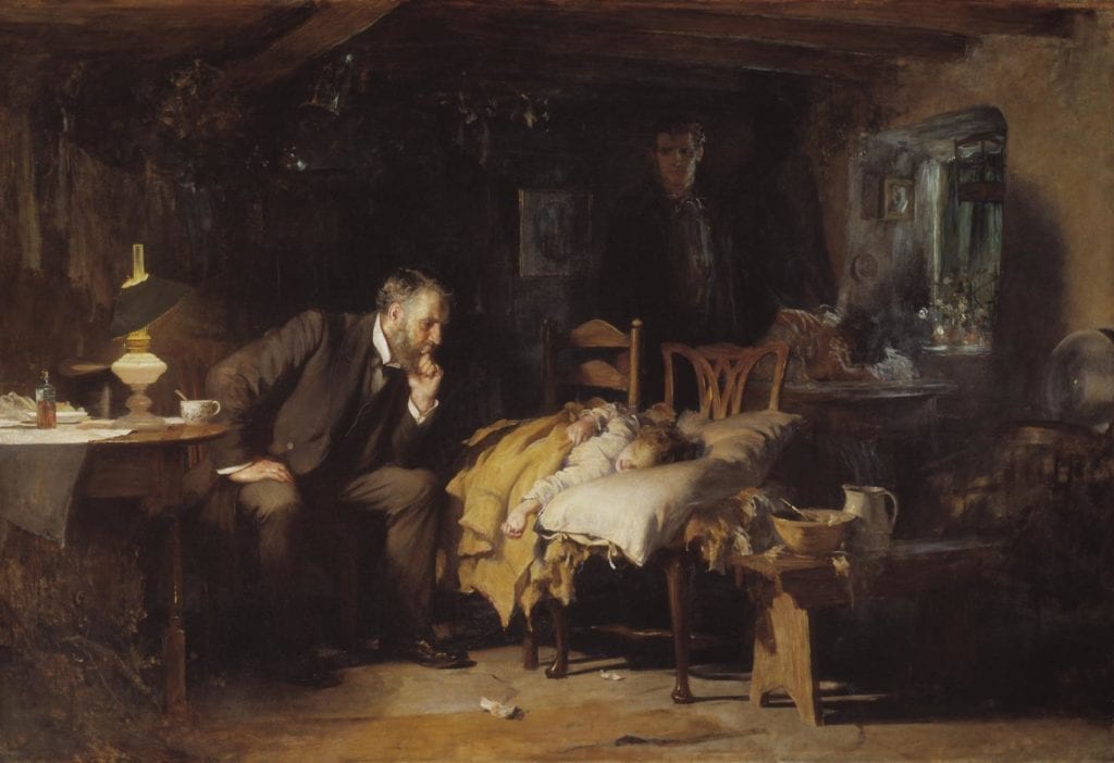 Painting of a doctor, sitting beside a young patient in a makeshift bed, contemplating the patient's condition.