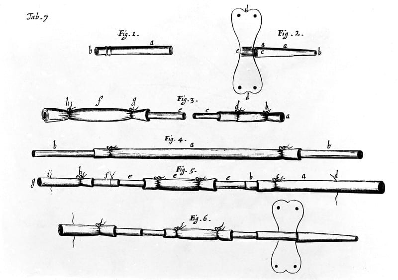 Tubes with ties and rods of varying sizes and configurations. Image for article on blood transfusion history