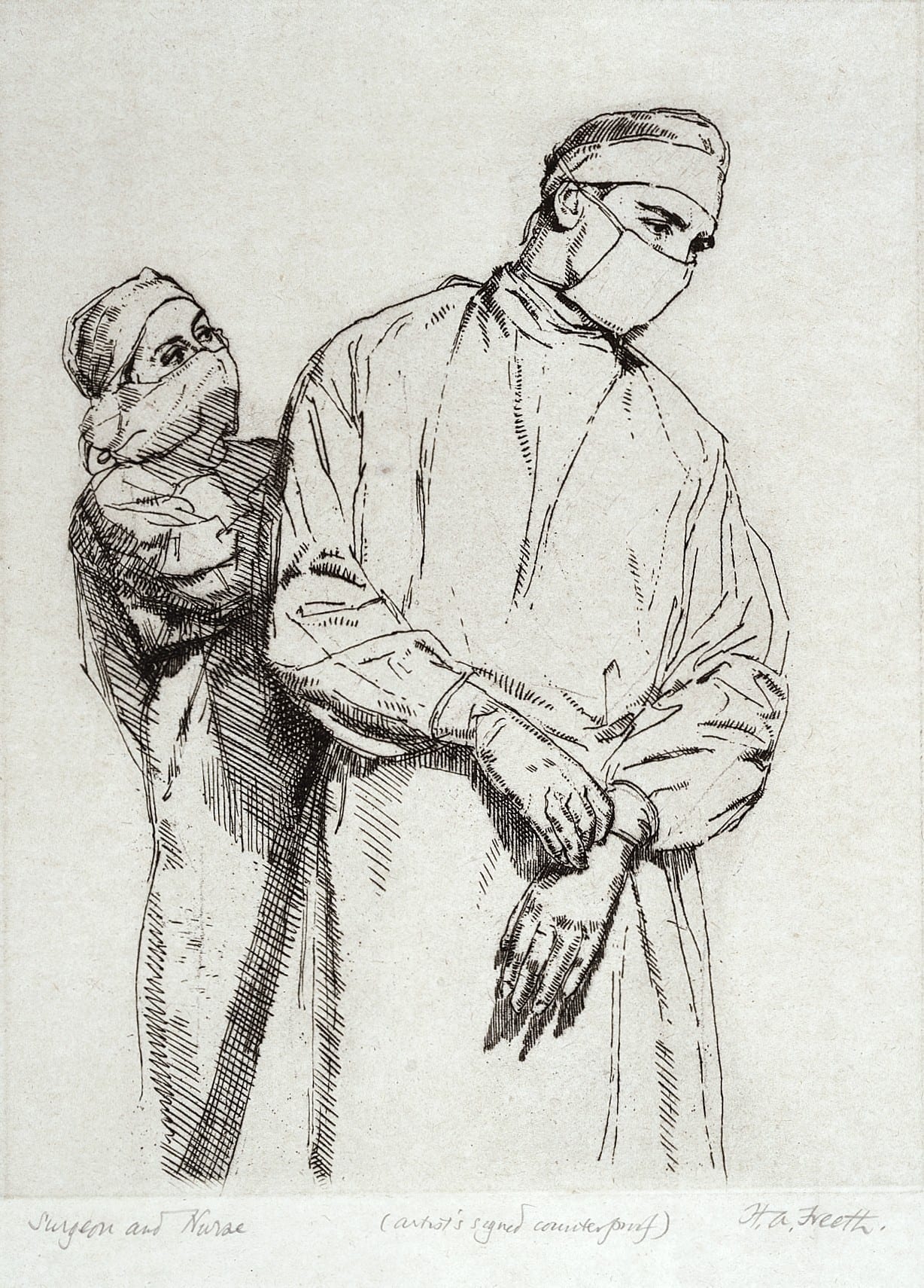 A nurse and a surgeon, both wearing gown and mask. Etching by H.A. Freeth. Copyright M, A and R Freeth.