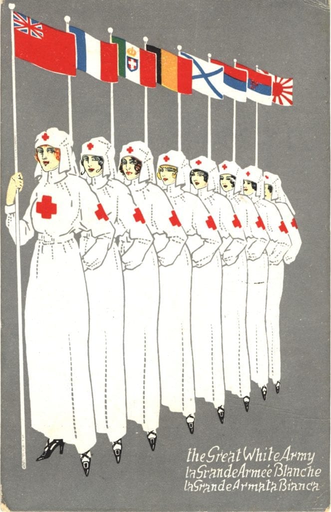 The Great White Army postcard: A line of nurses of different nationalities dressed in white stand in front of a gray background. Each is holding their country's flag.