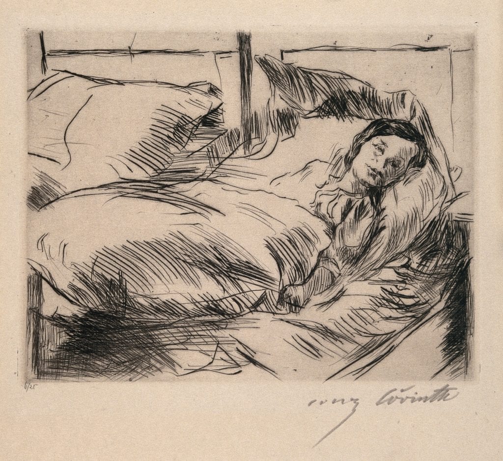 The sick child (Das Kranke Kind). Drypoint by L. Corinth, 1918. Credit: Wellcome Collection. A young woman lies in bed, alone and ill.
