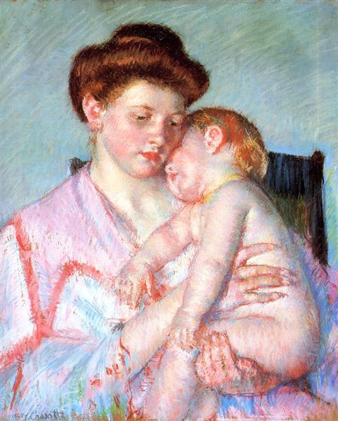 An impressionist painting of a sleepy baby and mom in pink robe.