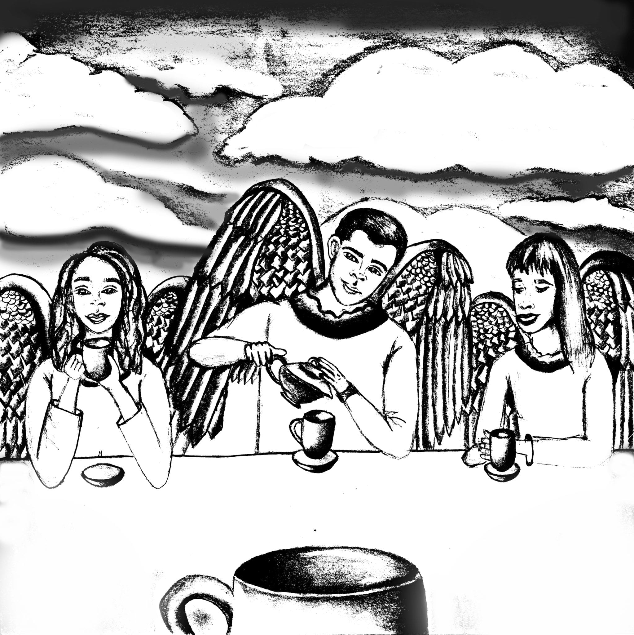Black and white drawing of three angels drinking tea