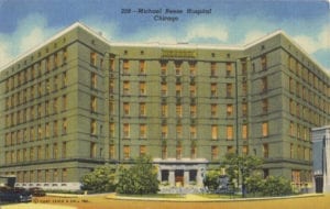 Color postcard of the Michael Reese Hospital around the year 1950