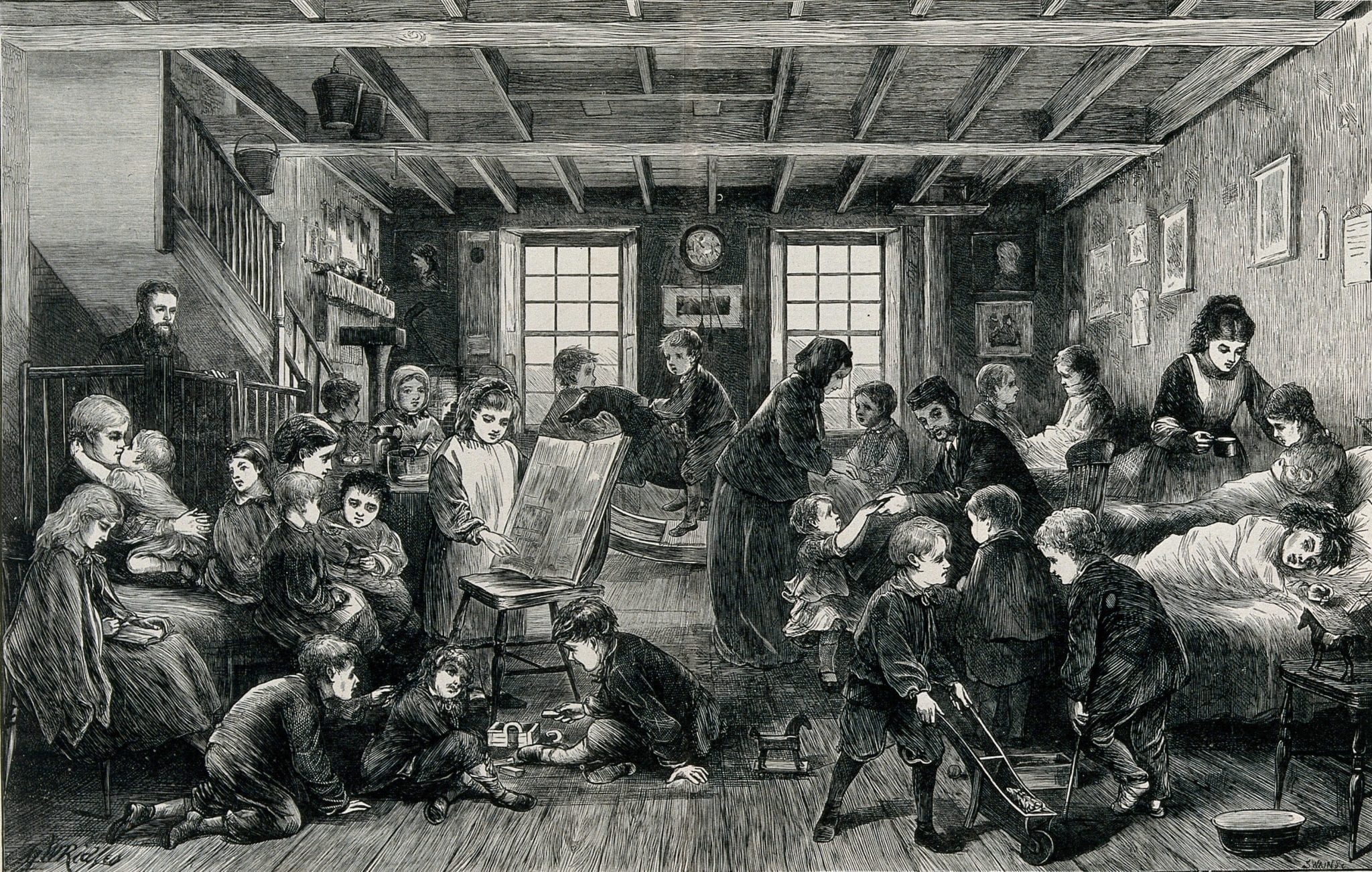 Black and white engraving of children at play in a hospital