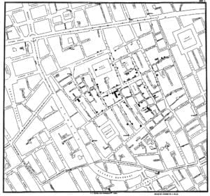 Dot map tracking cholera made by John Snow, a founder of public health.