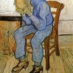 Painting showing an old man dressed in blue with his face in his hands. He is bald.