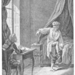 Etching of Voltaire struggling to dress. A had covers his bald head.