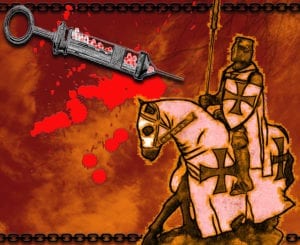 Illustration featuring a needle for blood draws and a crusader, capturing the narrator's view of the "Celtic Curse"