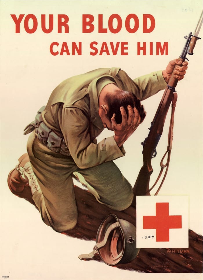 Red Cross poster calling for blood donors reading "Your Blood Can Save Him"