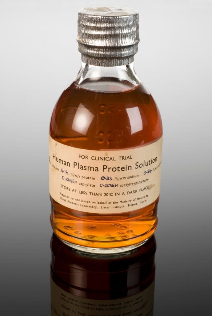 A vintage bottle of human plasma
