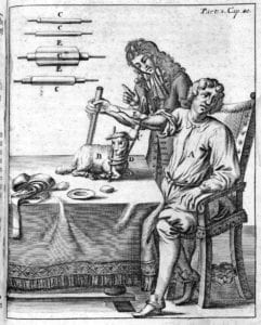 Illustration of blood transfusion between man and lamb