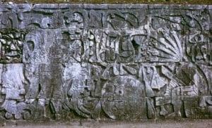Maya carving showing blood flowing out of decapitated sacrafice