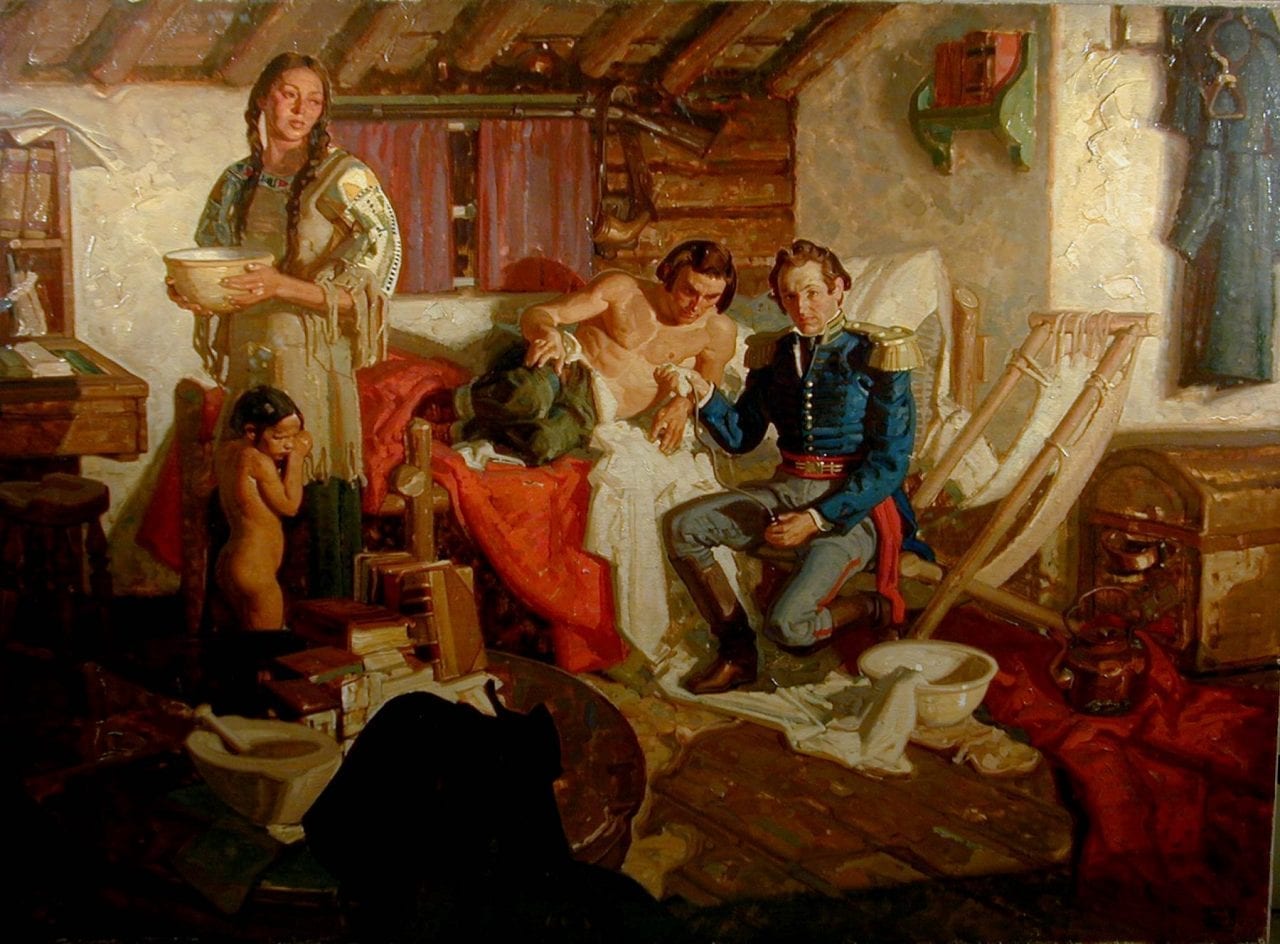Painting showing William Beaumont treating Alexis St. Martin in a home setting