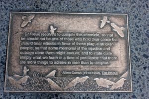 Plaque containing a quote from The Plague by Camus