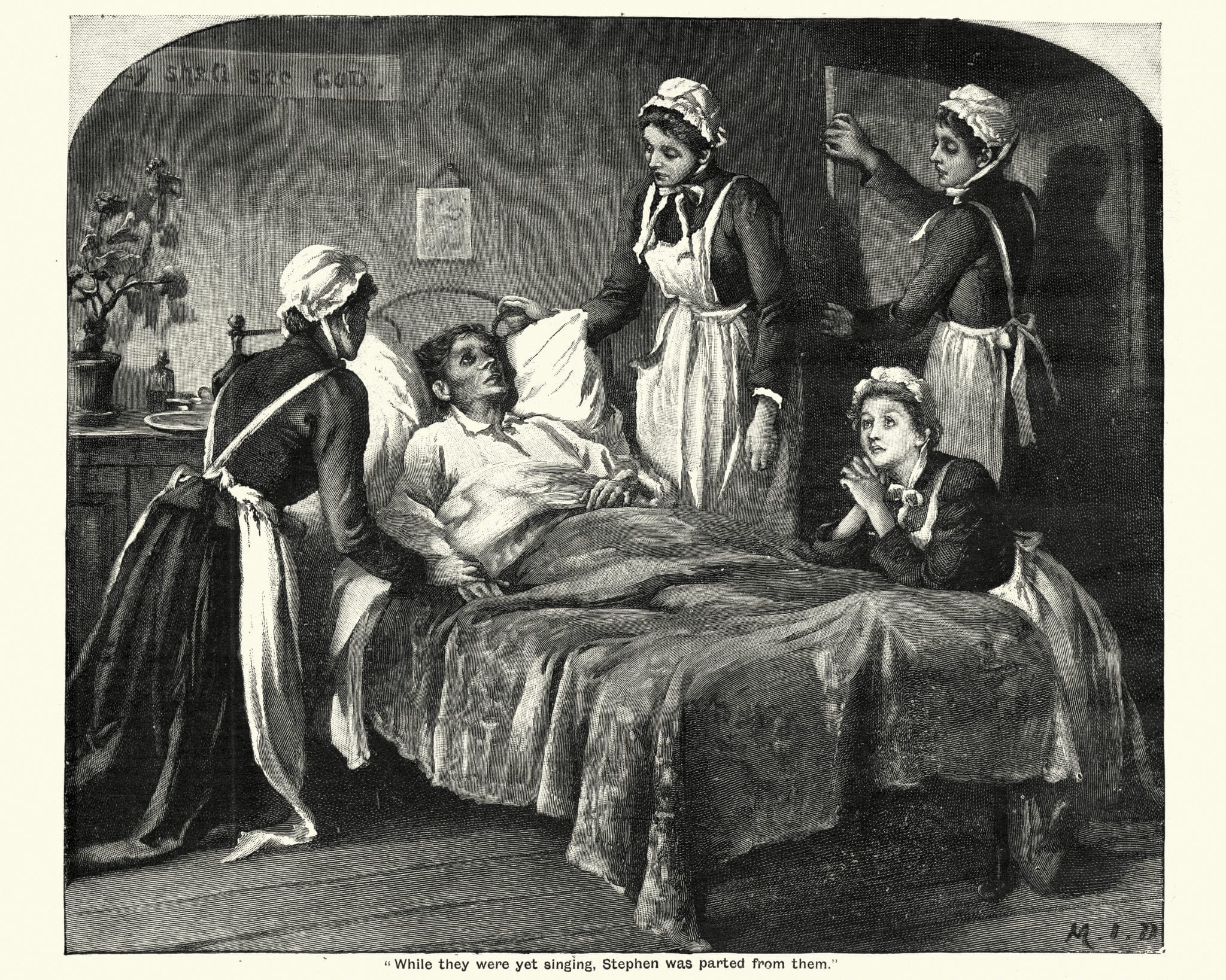 Vintage engraving of Victorian nurses caring for a dying man suffering from Tuberculosis