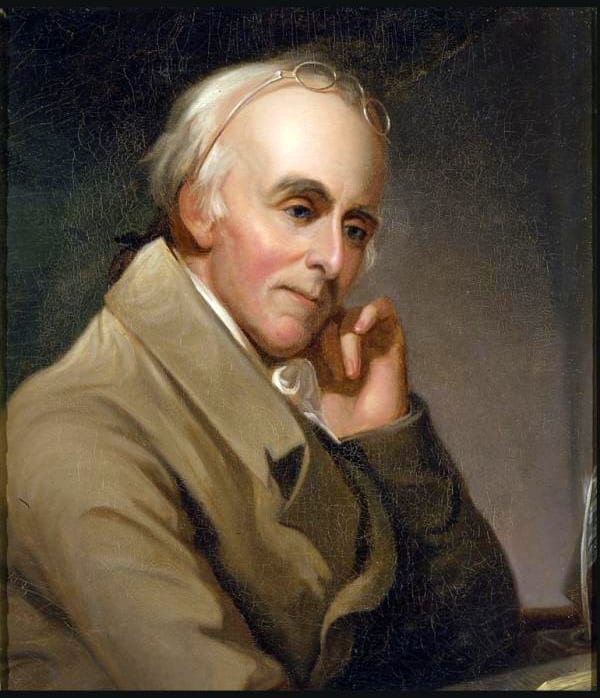 Portrait of Benjamin Rush, seated and appearing to think, with spectacles on his head