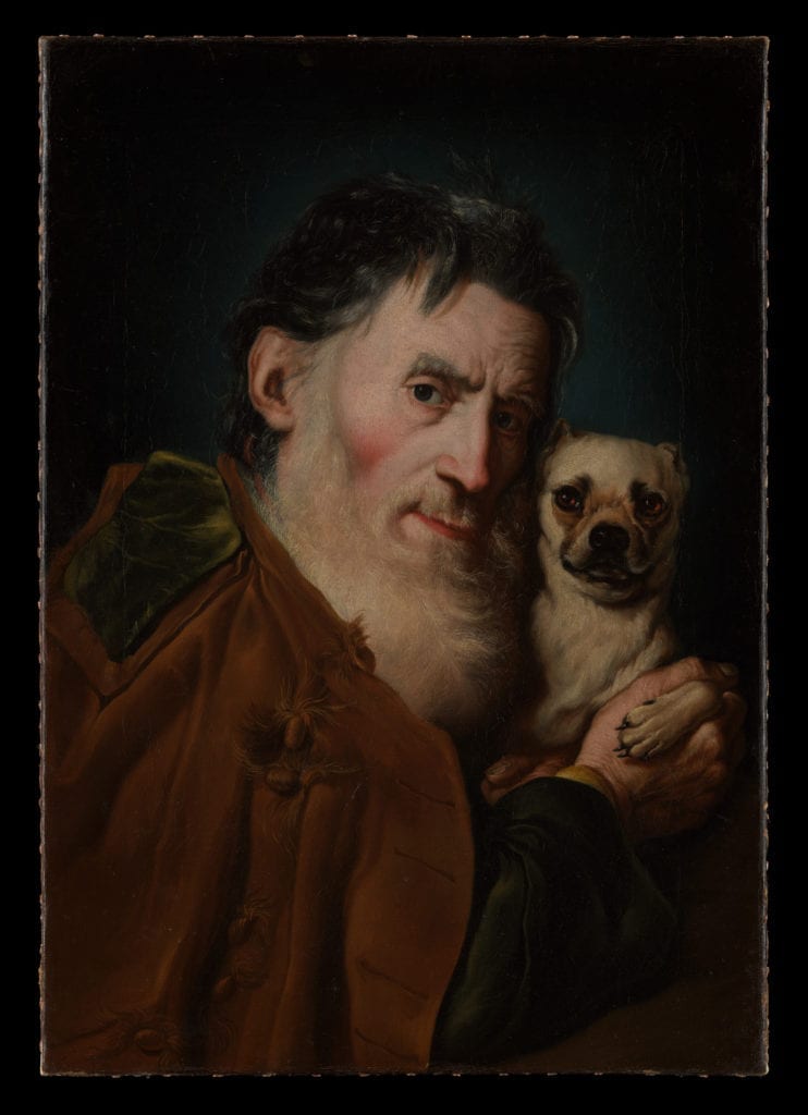 Painting of an older man with a long beard holding a small dog