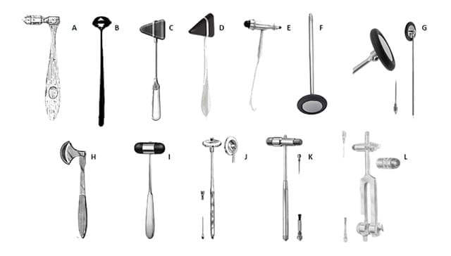 A collection of various reflex hammers 