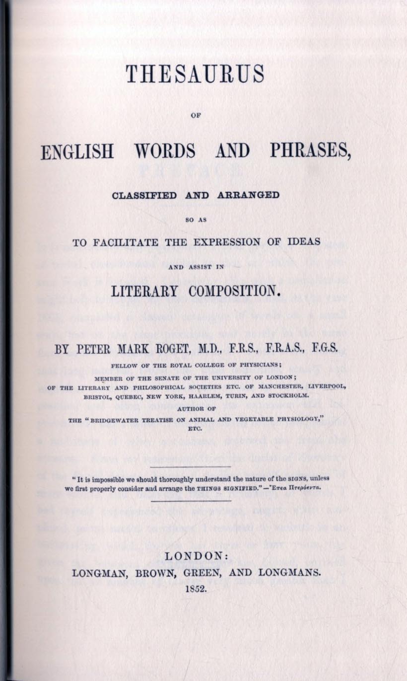 Title Page of Peter Mark Roget’s Thesaurus of English Words and Phrases