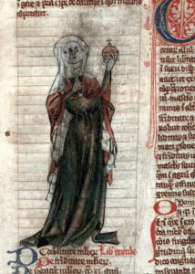 A drawing showing a standing female healer holding up a urine flask possibly Trota, most famous of the Salernitan women