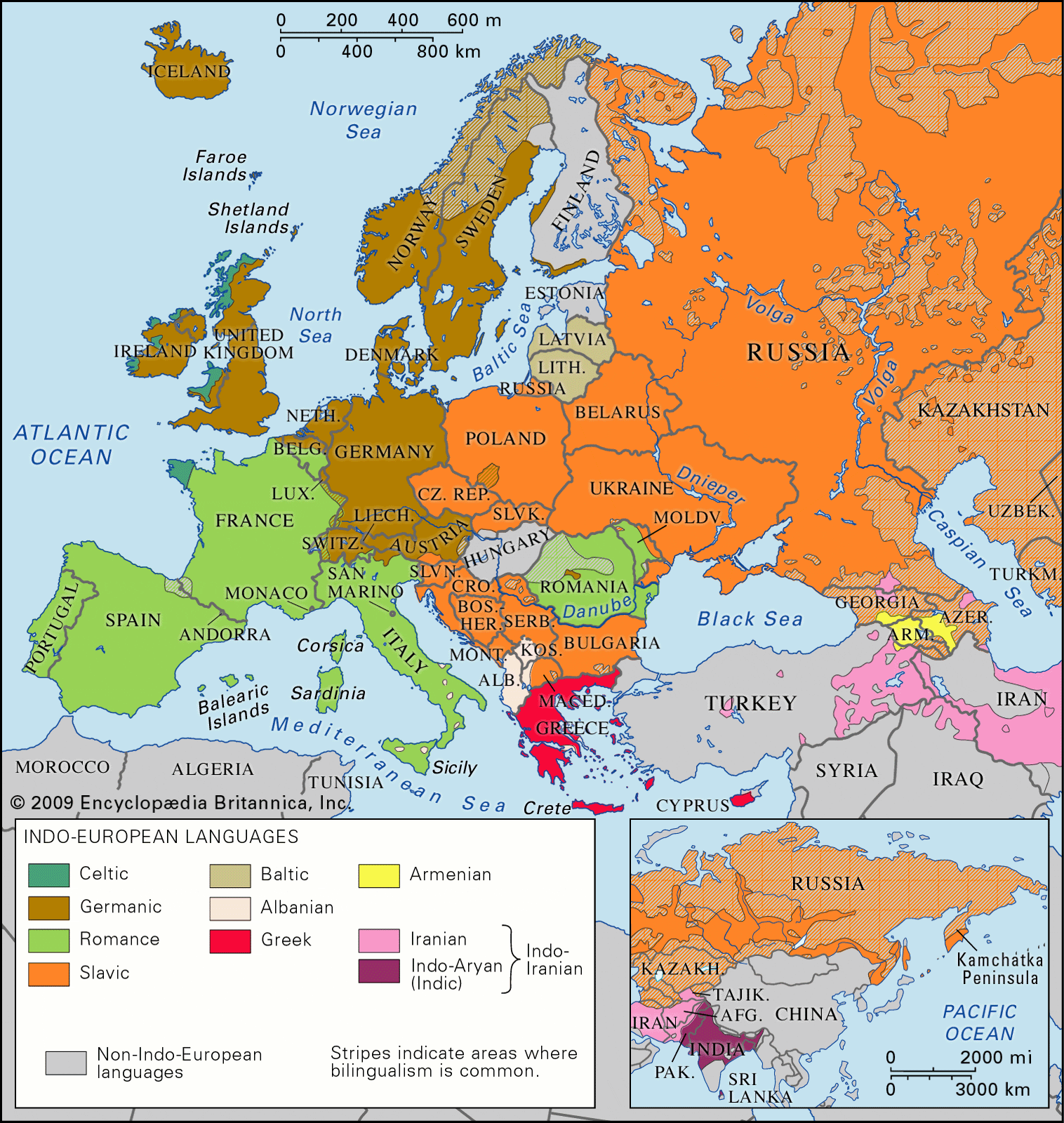 Map of locations of Indo-European languages in contemporary Eurasia