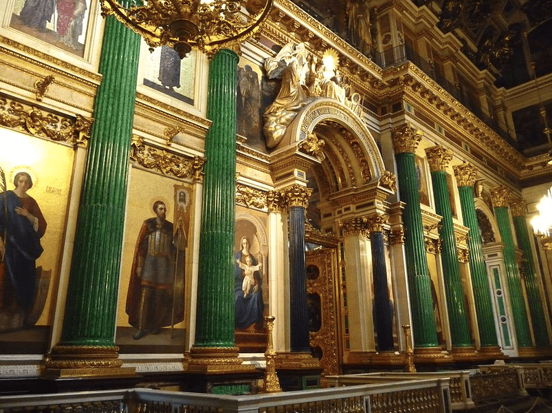 Green columns in Saint Isaac's Cathedral made of malachite