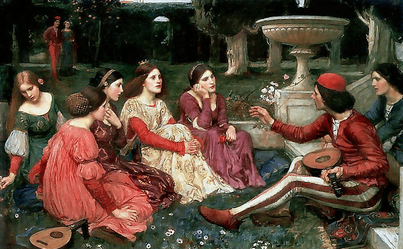 Painting depicting storytelling in the Decameron