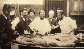 Surgeons conducting dissections at Cook County Hospital