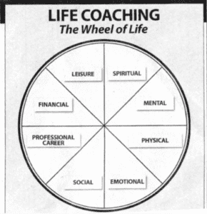 Wheel showing areas of life addressed by life coaching