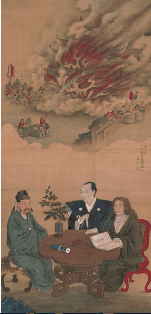 Woodblock print of figures representing Japan, China, and the West seated at a table. A scene of people attempting to put out a fire is above them.