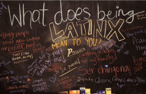 Chalk board asking "What does being Latinx mean to you?" surrounded by answers.