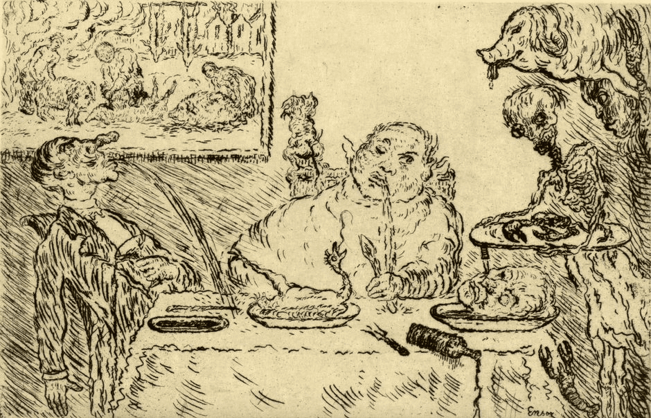 Etching by James Ensor showing a man vomiting