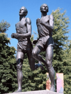 Statue of Sir Roger Bannister and John Landy running their record under four minute "miracle" mile