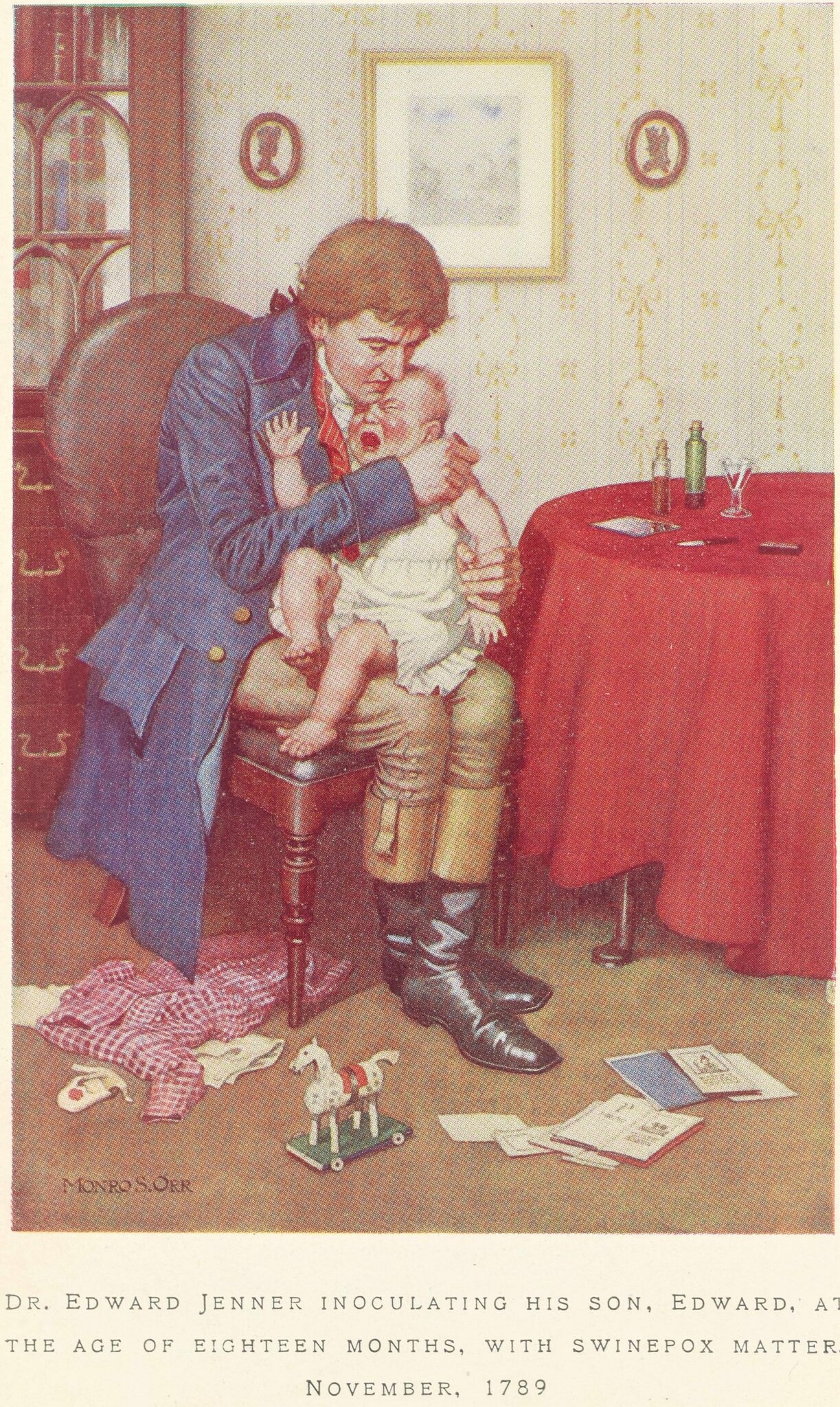 Edward Jenner vaccinating his 18 month old son Edward with swinepox matter in 1789