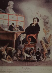 NLM description: Caricature: A physician seated at his desk has slipped into phantasmagorical dream as he muses over his inability to prevent his patients from dying. 