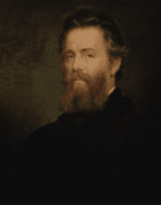 Herman Melville portrait. A white bearded man with light brown hair dressed in black on a dark brown background.