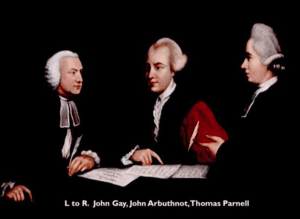 Painting depicting three men in period dress, seated around a table with papers, with caption "L to R. John Gay, John Arbuthnot, Thomas Parnell"
