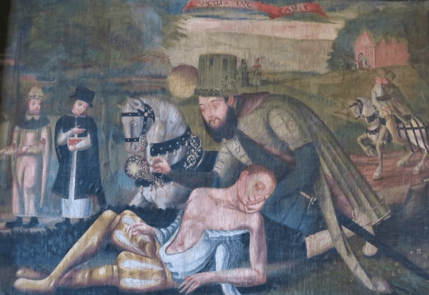 The Good Samaritan, here a well-dressed man in green, pours wine into the wound of a man beaten by robbers and left to die. More description of this image in essay.