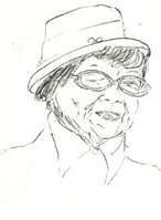 Alan Blum sketch of a woman winking with glasses, a small hat with a flat top and brim, and a high collar