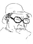 Alan Blum sketch of a woman in thick glasses with a small bowler-like hat with a wavy brim holding her chin as if thinking