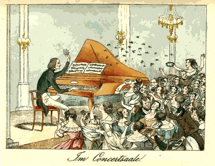 Liszt plays a piano while an adoring crowd throws flowers, swoons, and peers at him through opera glasses