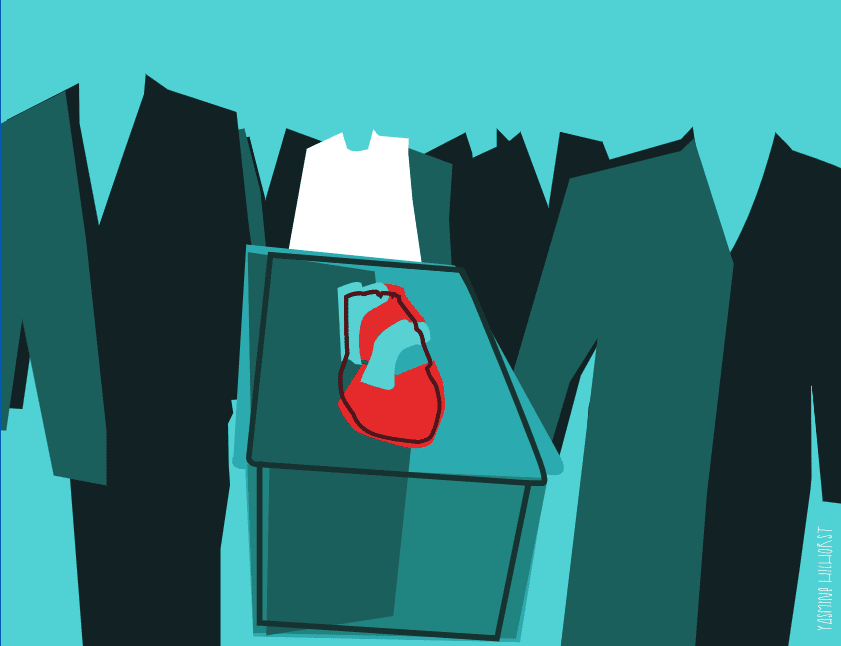 Red and light blue heart with dark blue and white lab coats on blue background