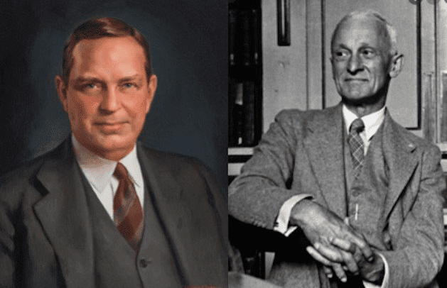 Painting (left) and black and white photo (right) of men in suits