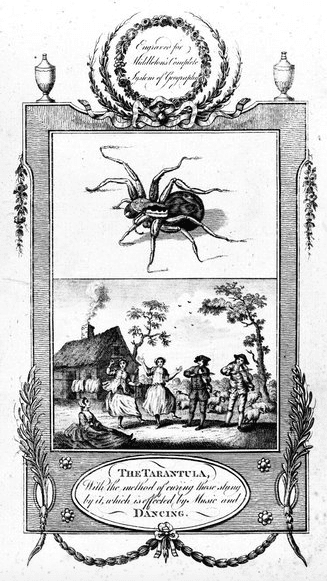 A drawing of a spider with a drawing of people dancing in a picturesque setting. Top lettering reads "Engraved for Middleton's Complete System of Geography". Bottom lettering reads "The tarantula, with the method of curing those stung by it, which is effected by music and dancing." via Wellcome Collection