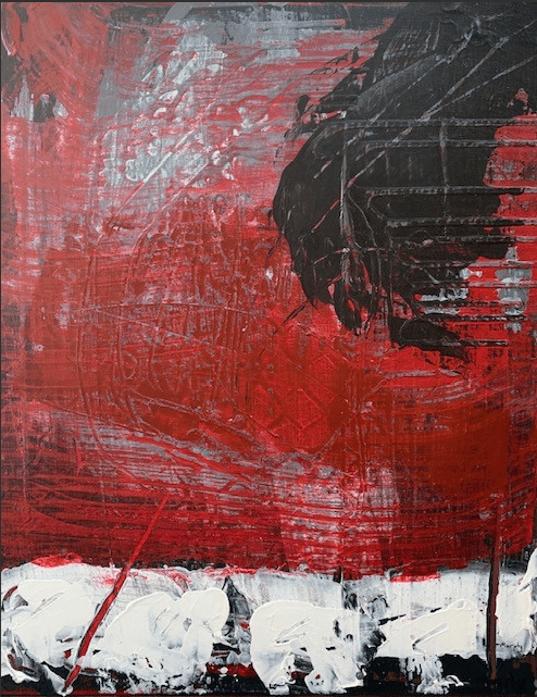 Abstract red with cloudy white over black at the bottom. Black covers most of the upper right. Black and white lie under the red strokes and lines throughout.