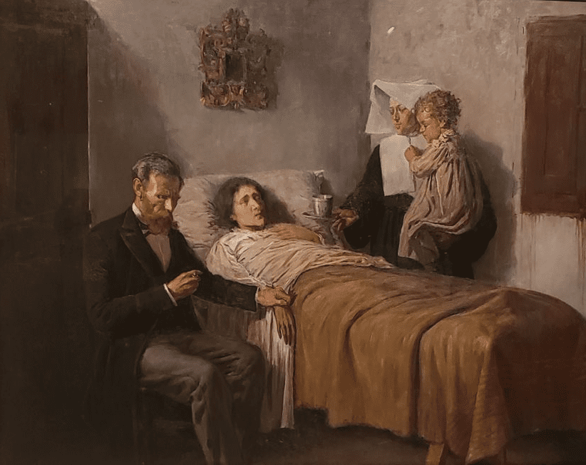 Doctor and sister attending to patient in painting by Picasso, for whom Pablo Picasso syndrome is named