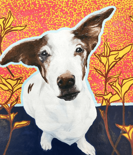 Painting of white dog with wide brown ears and brown markings looking up at viewer on a pink and yellow spotted background. Yellow and brown flowers and a dark blue "floor" surround the dog, who is outlined in light blue.