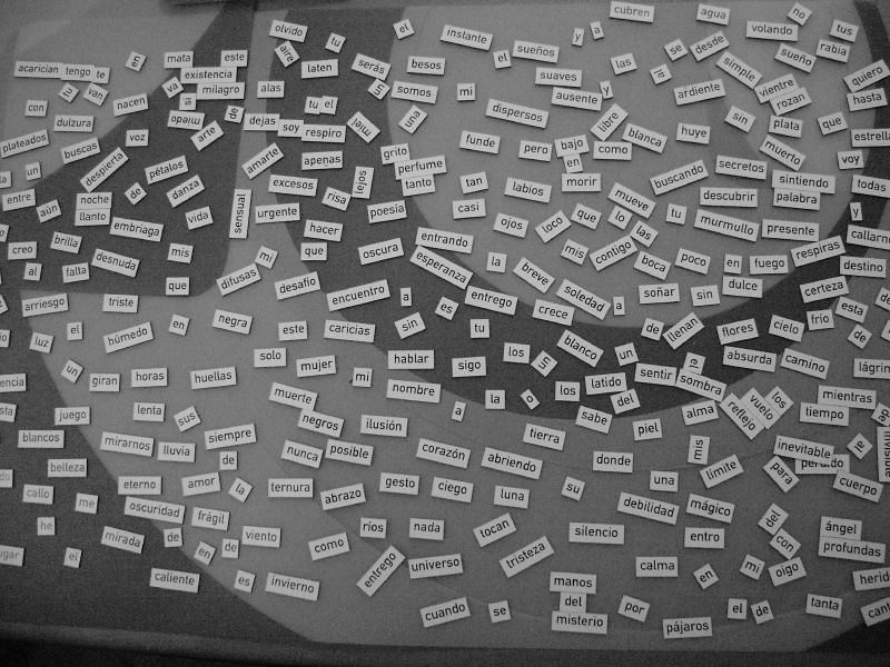 Spanish word magnets scattered across a gray and light gray background