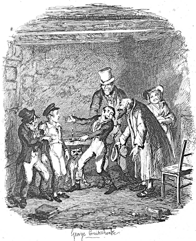 People gesturing happily toward a scared Oliver Twist, who is being held by a man in a hat
